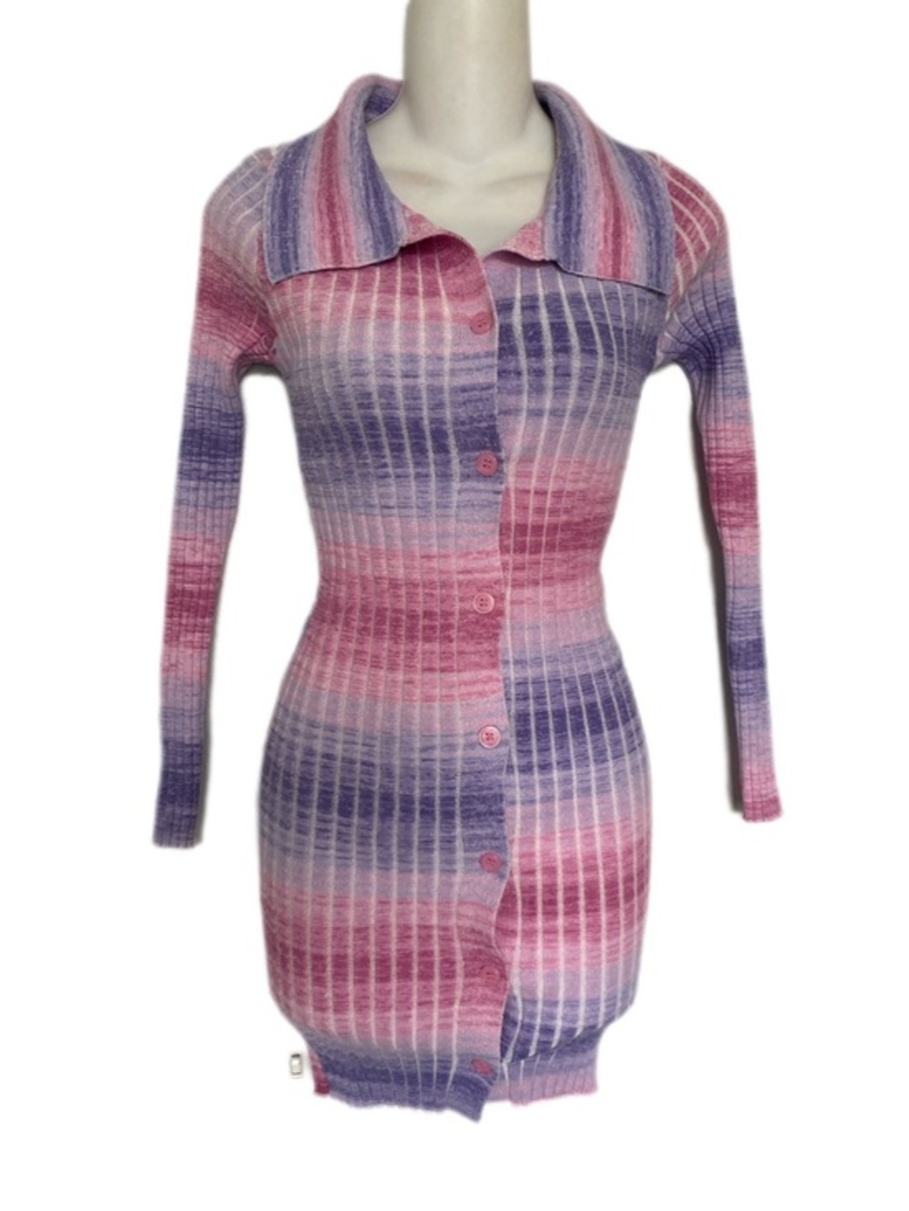 Princess Polly Darian Ribbed Button-Front Knit Mini Dress in Pink & Purple S/M